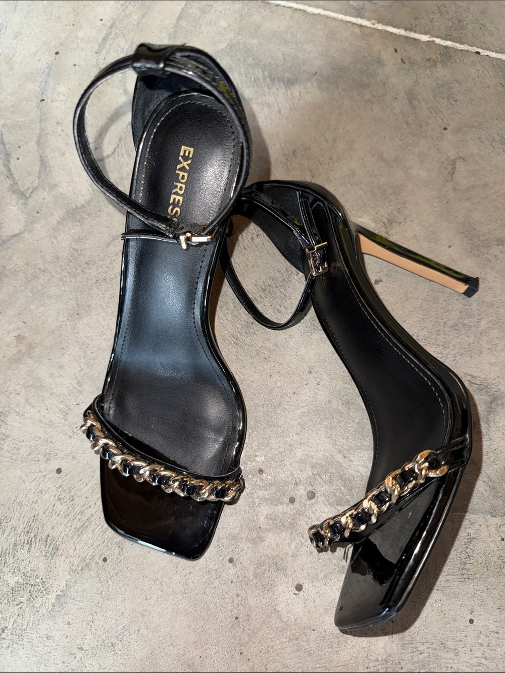 Express Black Patent Heeled Sandals with Gold Chain